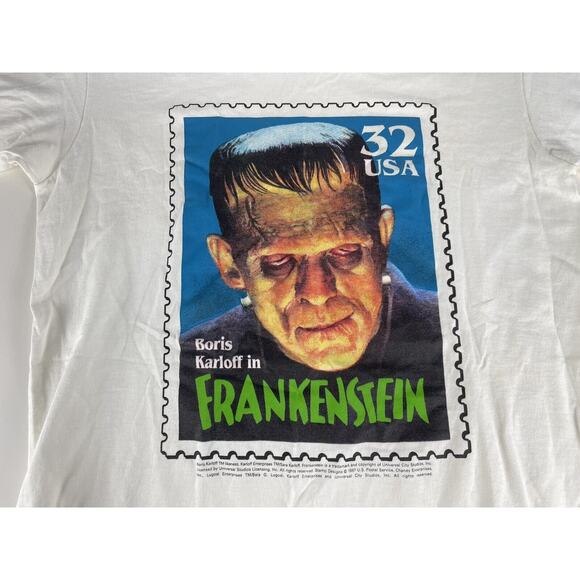 Vintage 90s Boris Karloff Frankenstein USA Monster Stamp T Shirt L/XL Youth - Picture 2 of 7